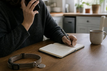 Adult calling a service provider and taking notes beside a plain pet collar