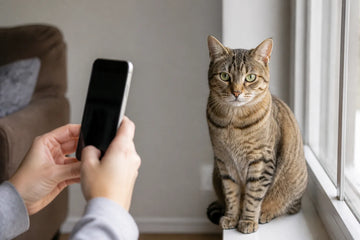 Tabby cat photographed with a smartphone at eye level beside a bright window