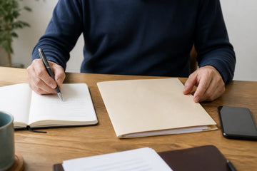 Adult reviewing a plain aftercare folder and writing notes at a table