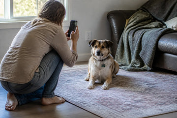 Adult crouching at eye level to photograph a relaxed dog near a window