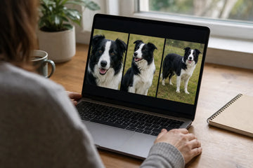 Three clear photographs of the same black-and-white dog reviewed on a laptop