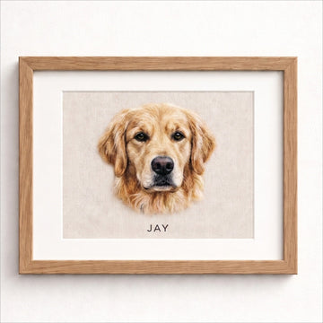 Custom wool felt pet portrait frame with a raised golden retriever portrait and the name Jay.