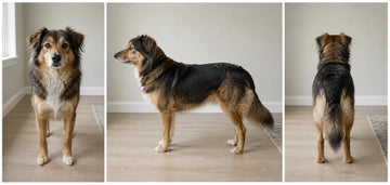 The same black and tan dog photographed from the front, side, and back for a three-view sculpture reference set