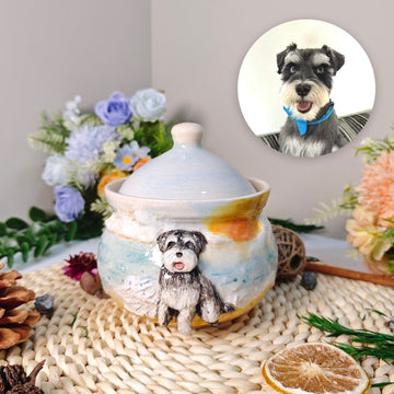 Beach-style ceramic photo pet urn with a fitted lid and painted pet portrait