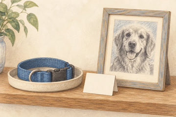 Illustrated dog collar memorial arrangement with collar supported beside a separate frame