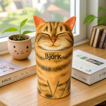 Glossy ceramic sitting-cat urns shown in small and medium sizes
