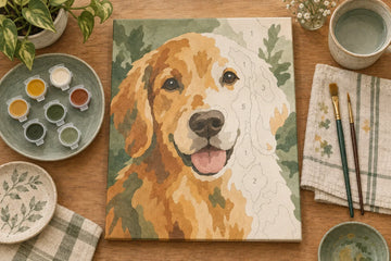 Illustrated paint-by-numbers workspace with numbered canvas and brushes