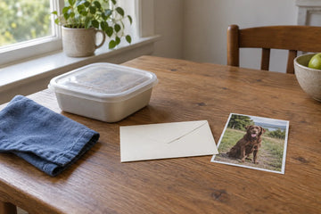 A meal container, blank envelope and printed dog photograph on a wooden kitchen table