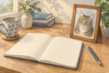 Illustrated notebook, pencil and framed cat portrait on a quiet desk
