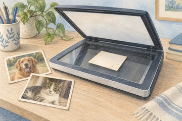 Watercolor illustration of a flatbed scanner and printed pet photographs