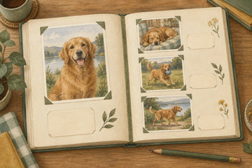 Watercolor illustration of an open pet scrapbook with photographs and blank caption cards