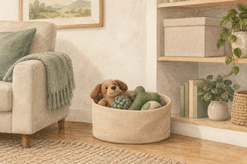 Watercolor illustration of a low toy basket and a closed box on a higher shelf
