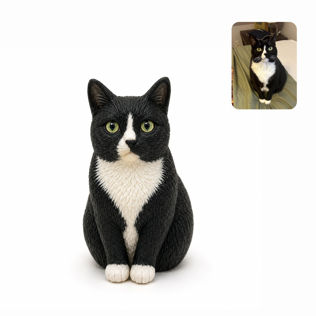 Product image of a handmade polymer clay pet sculpture with a custom 3D dog or cat figurine.