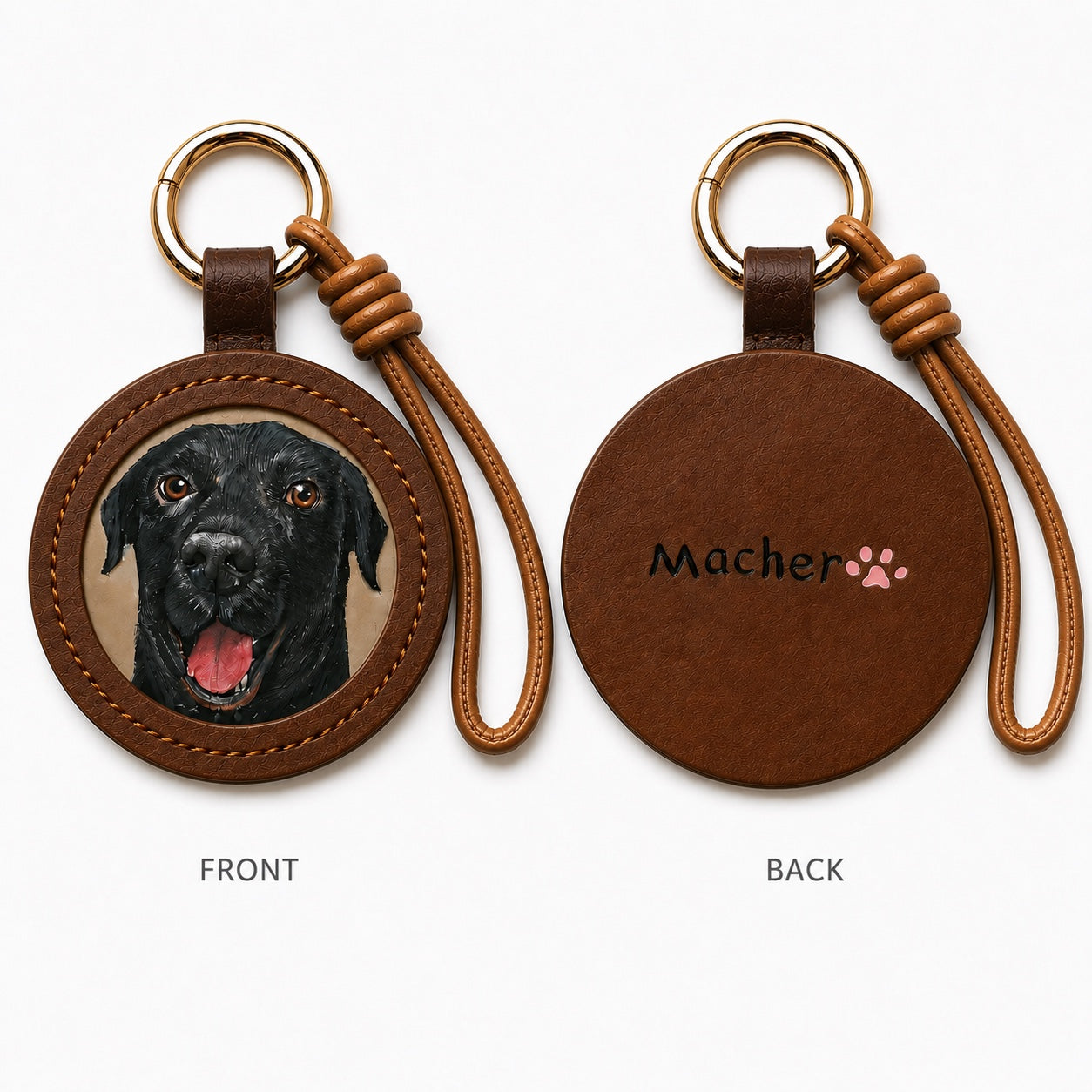 Product image of an embossed leather pet keychain with a custom dog or cat portrait.