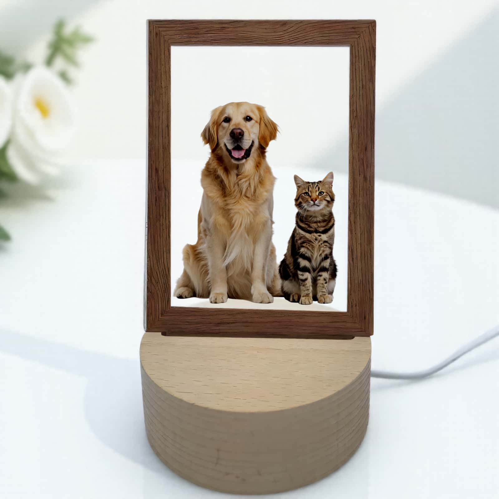 Product image of a personalized pet photo lamp with a custom acrylic LED frame.