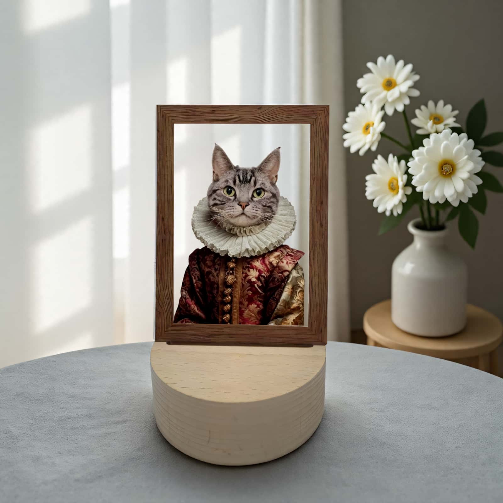 Product image of a personalized pet photo lamp with a custom acrylic LED frame.