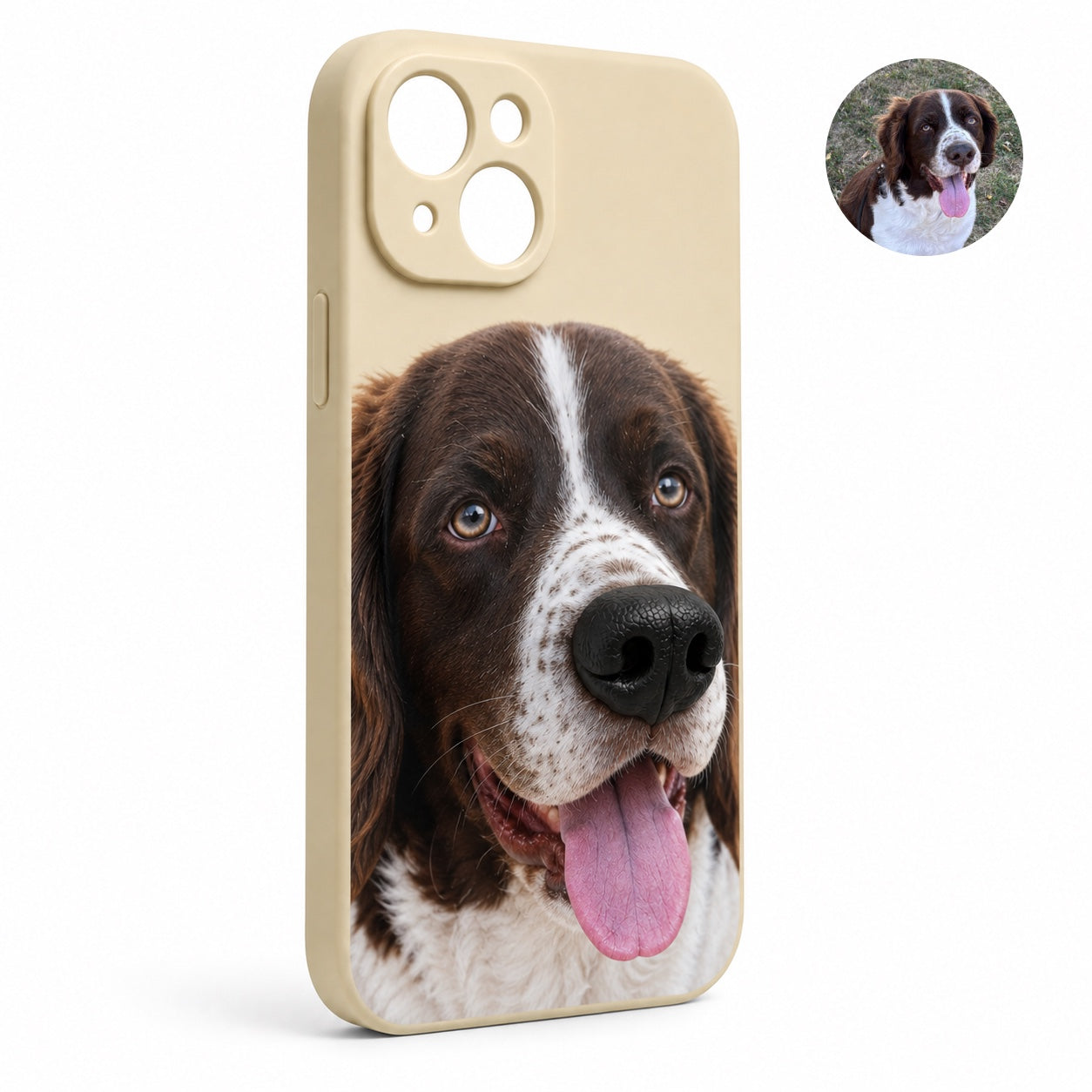 Product image of a custom dog phone case with a 3D silicone nose and pet portrait.