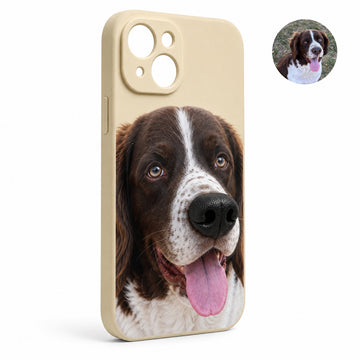Product image of a custom dog phone case with a 3D silicone nose and pet portrait.