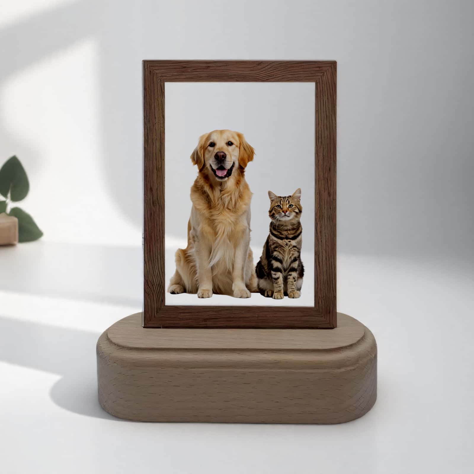 Product image of a personalized pet photo lamp with a custom acrylic LED frame.