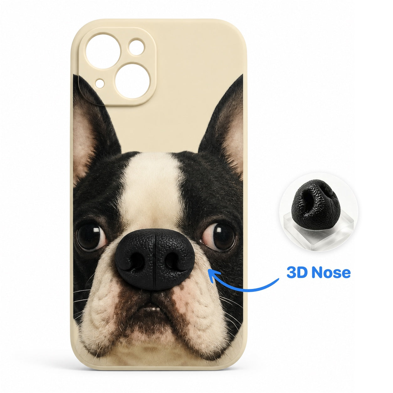 Product image of a custom dog phone case with a 3D silicone nose and pet portrait.