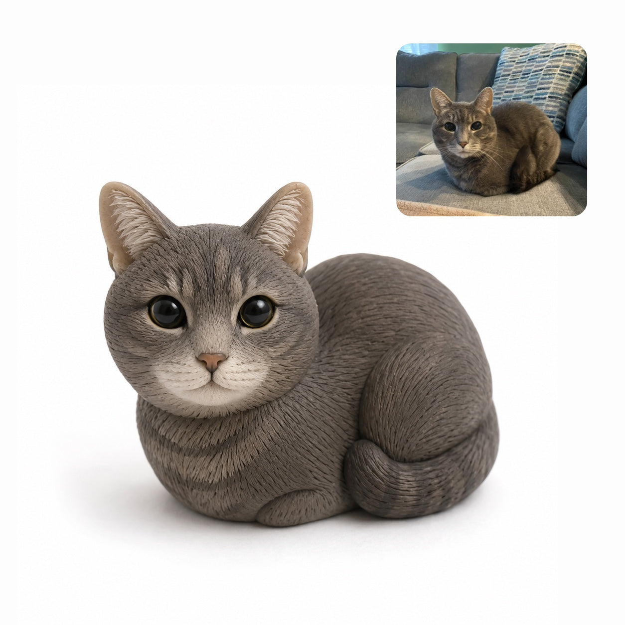 Product image of a handmade polymer clay pet sculpture with a custom 3D dog or cat figurine.