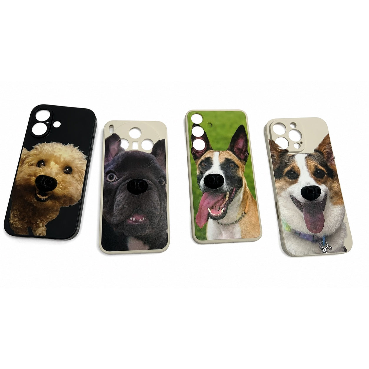 Product image of a custom dog phone case with a 3D silicone nose and pet portrait.