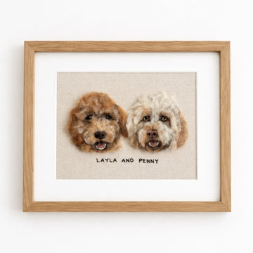 Product image of a rectangular custom wool felt pet portrait frame for one or two pets.