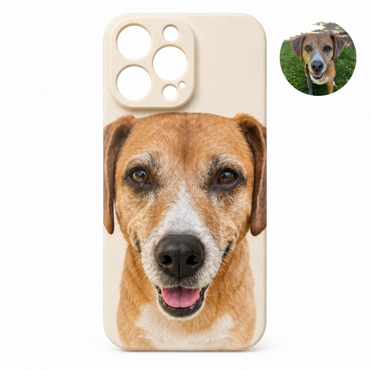 Product image of a custom dog phone case with a 3D silicone nose and pet portrait.