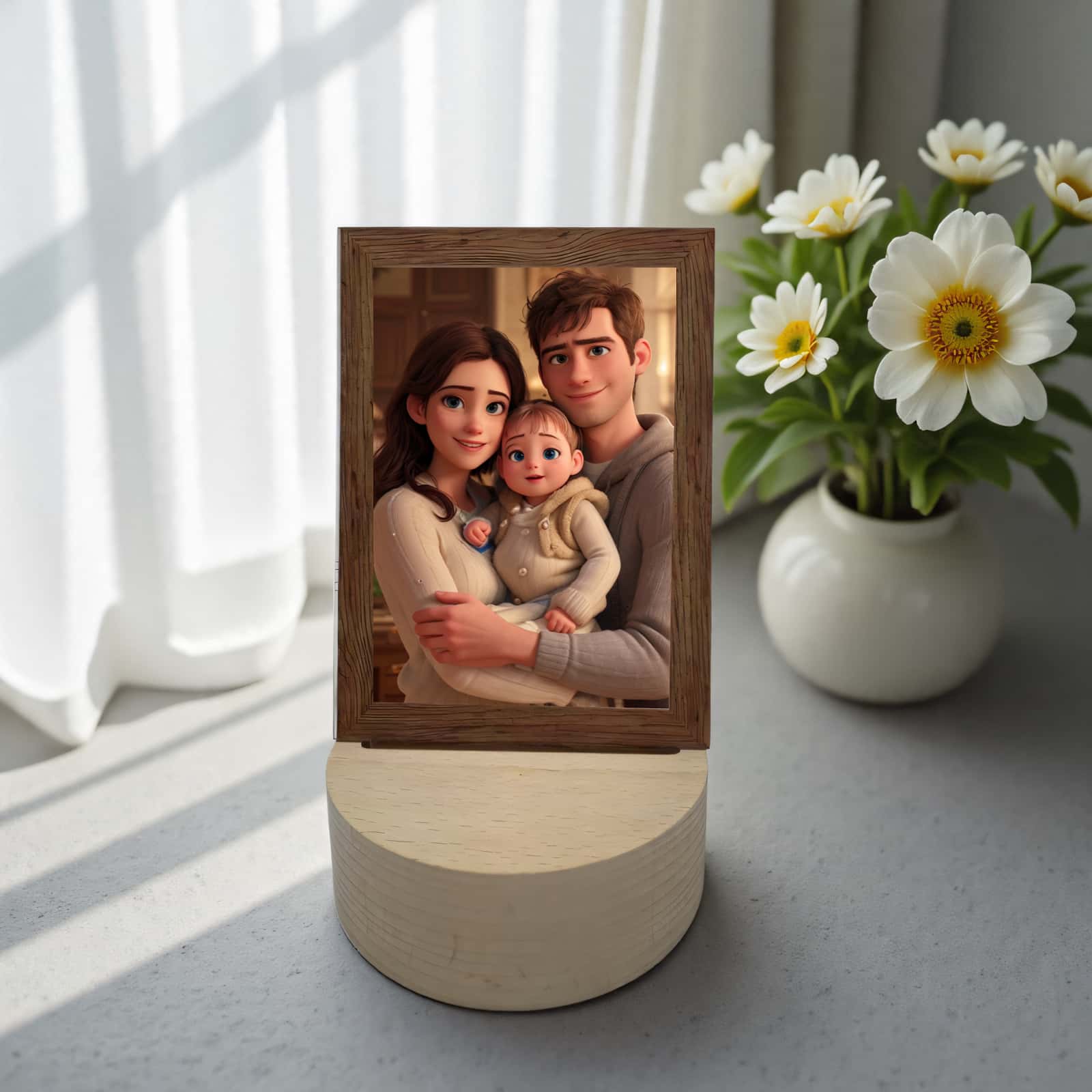 Product image of a personalized pet photo lamp with a custom acrylic LED frame.