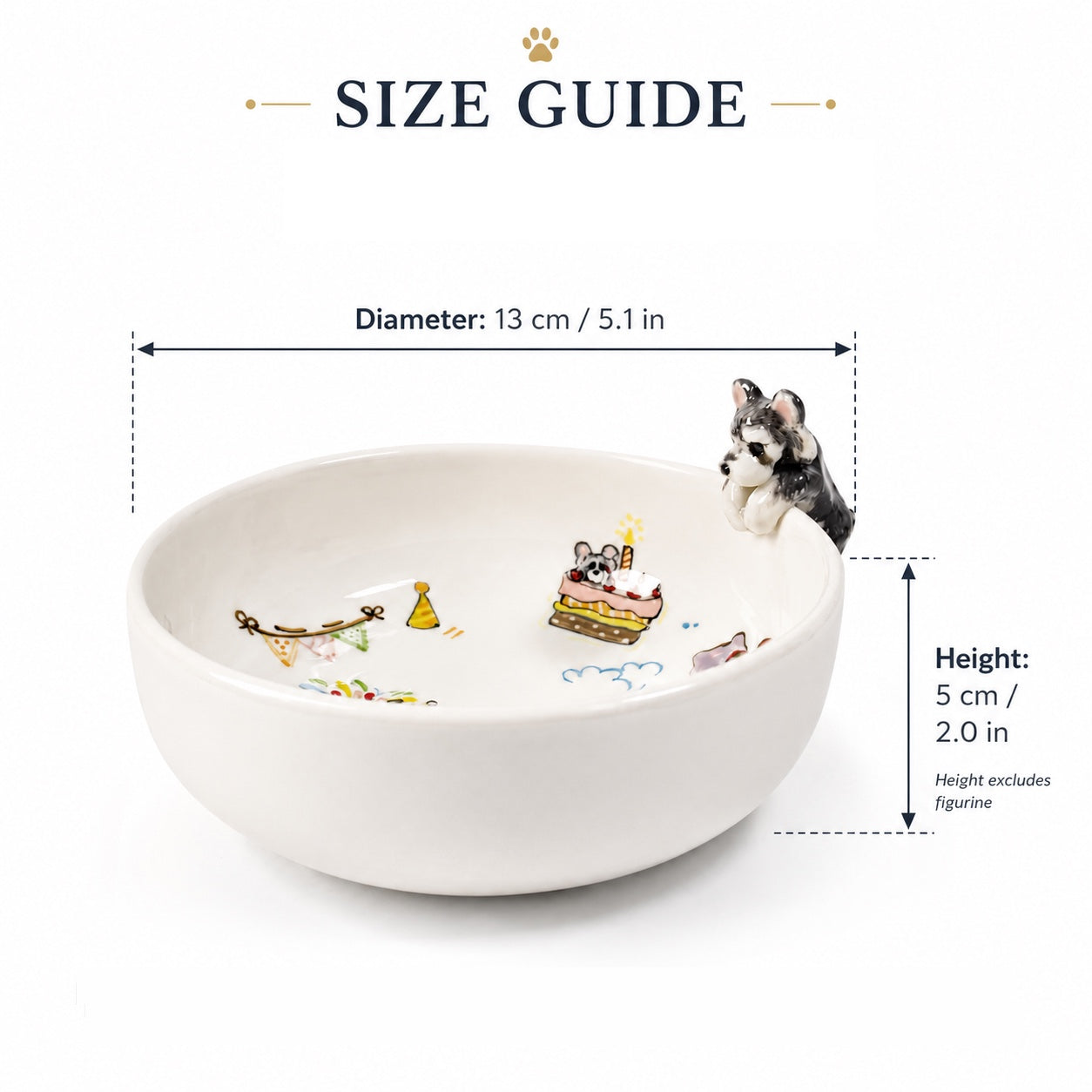 Product image of a personalized pet birthday bowl with a ceramic calendar design and 3D pet figurines.