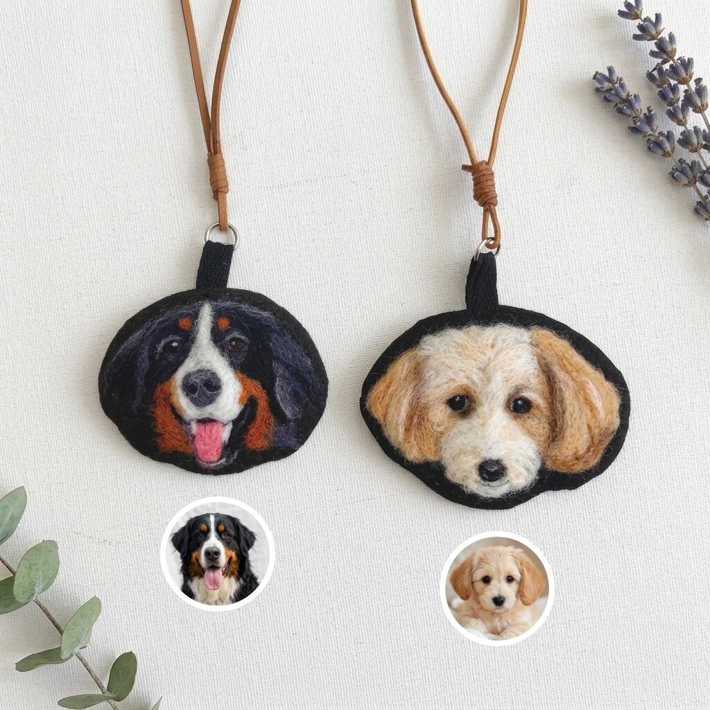Product image of a needle felted pet keychain with a custom wool dog or cat portrait.