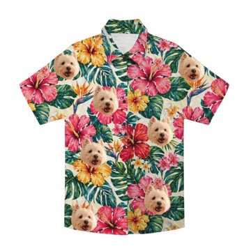 Product image of a custom pet face Hawaiian shirt made from a dog or cat photo.