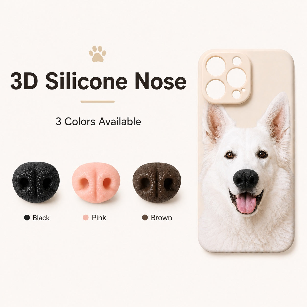 Product image of a custom dog phone case with a 3D silicone nose and pet portrait.