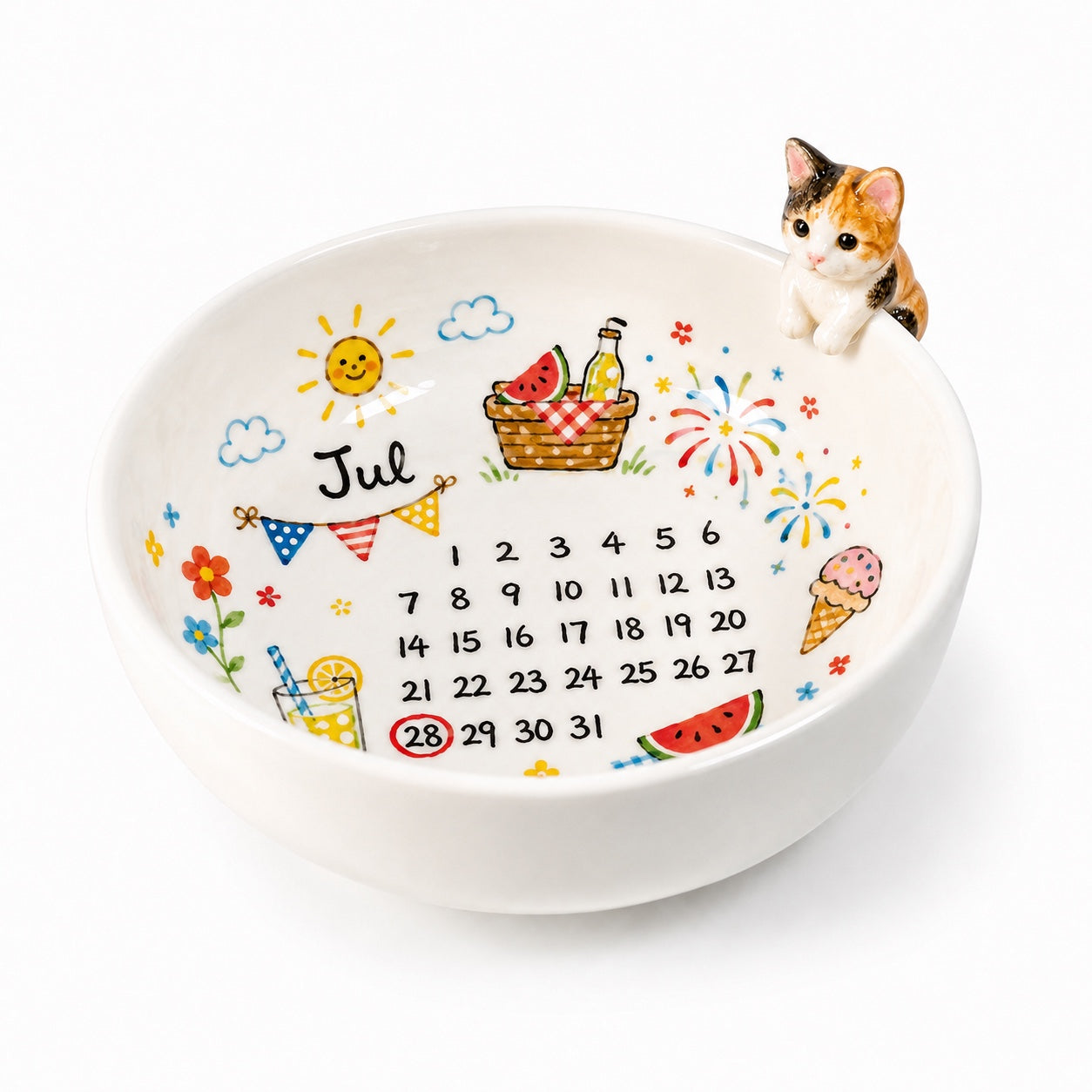 Product image of a personalized pet birthday bowl with a ceramic calendar design and 3D pet figurines.