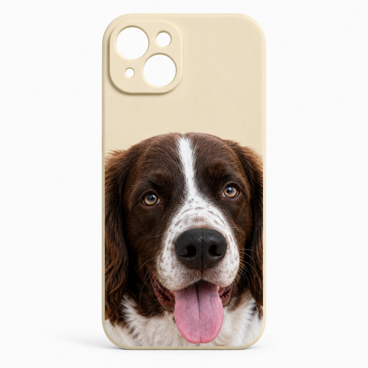 Product image of a custom dog phone case with a 3D silicone nose and pet portrait.