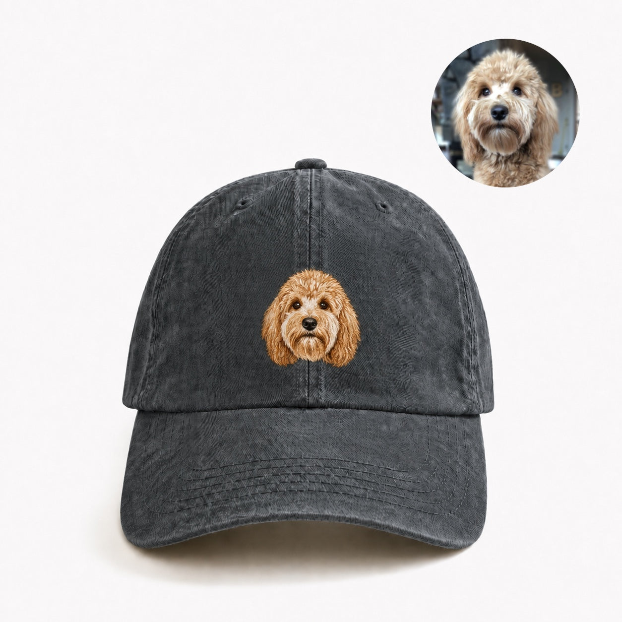 Product image of a custom pet portrait embroidered cap with your dog or cat's face and name.