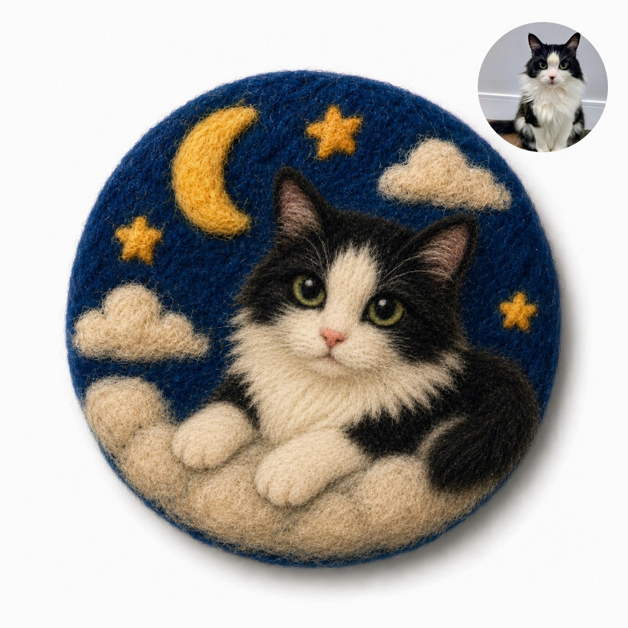 Product image of a wool felt pet portrait magnet made from a dog or cat photo.