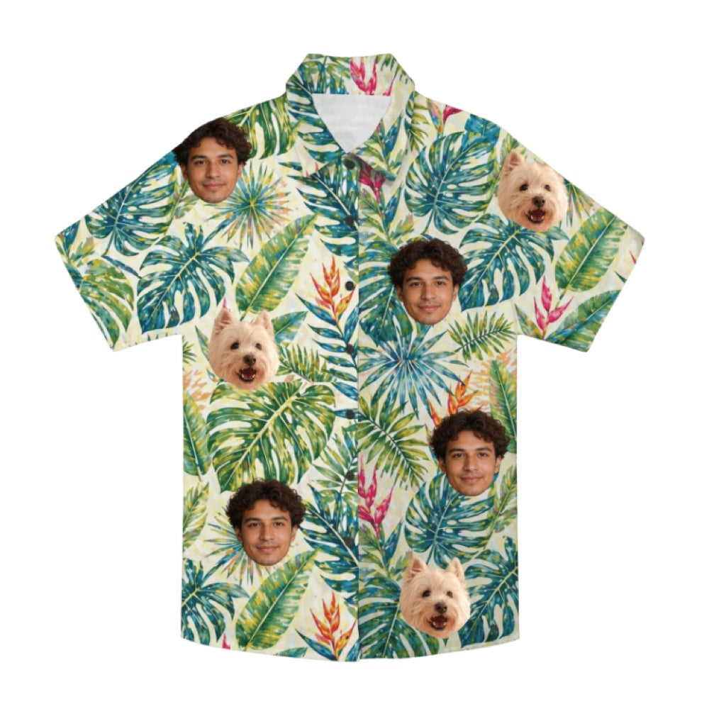 Product image of a custom pet face Hawaiian shirt made from a dog or cat photo.