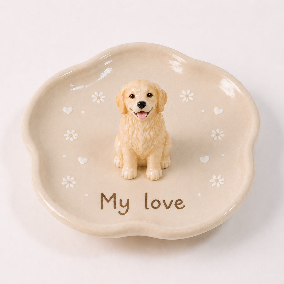 Product image of a custom pet figurine ring dish with a 3D dog or cat statue.