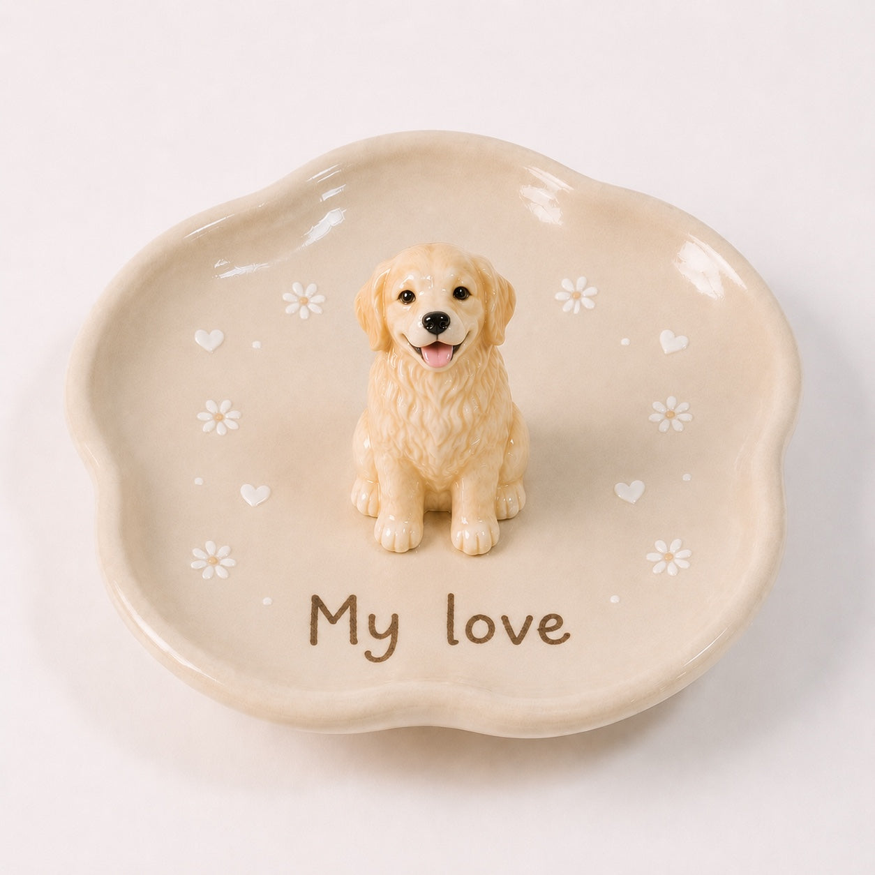 Product image of a custom pet figurine ring dish with a 3D dog or cat statue.