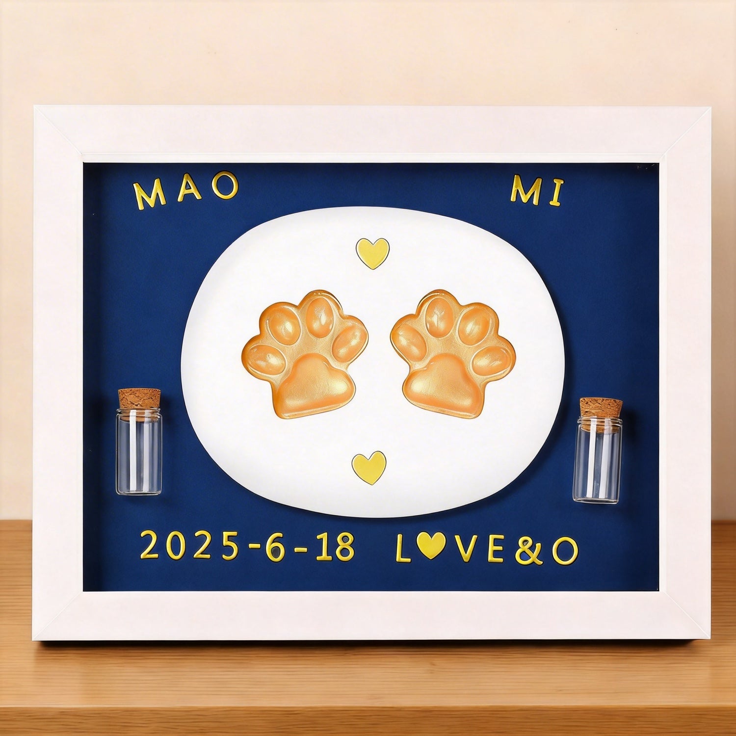 Product image of a personalized pet paw print frame for a dog's or cat's remembrance display.