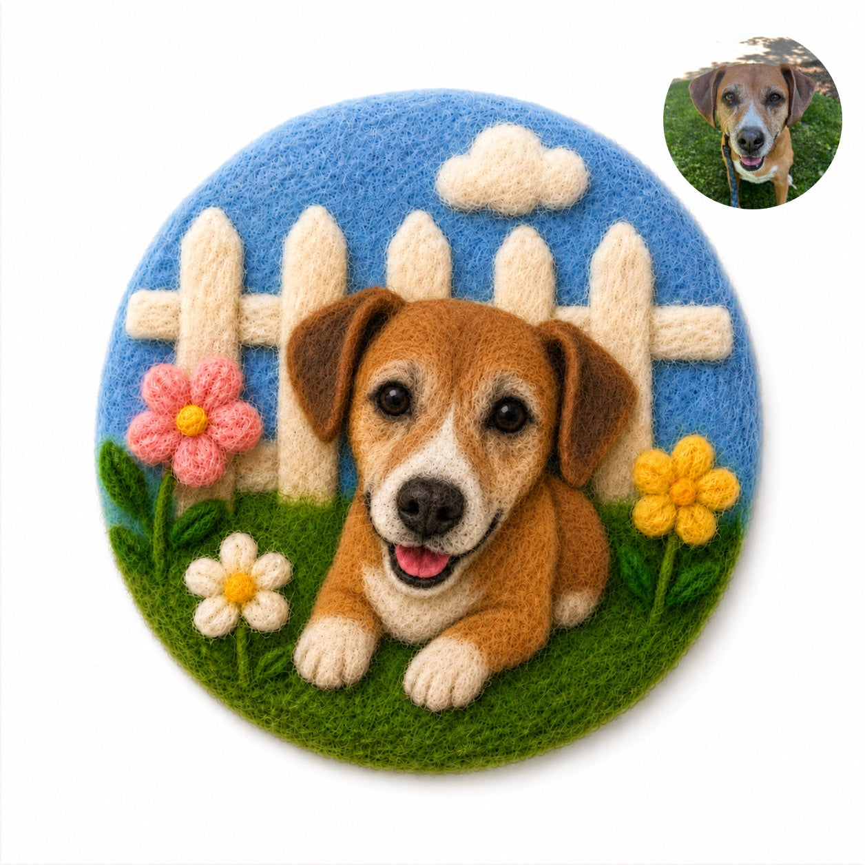 Product image of a wool felt pet portrait magnet made from a dog or cat photo.