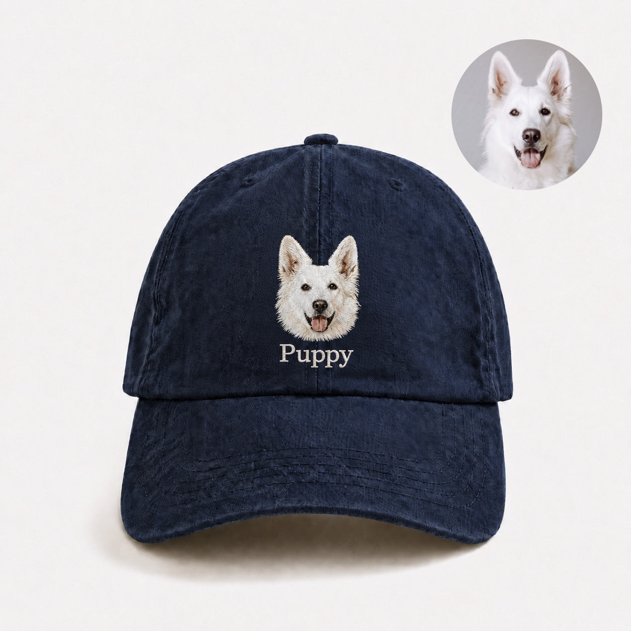Product image of a custom pet portrait embroidered cap with your dog or cat's face and name.