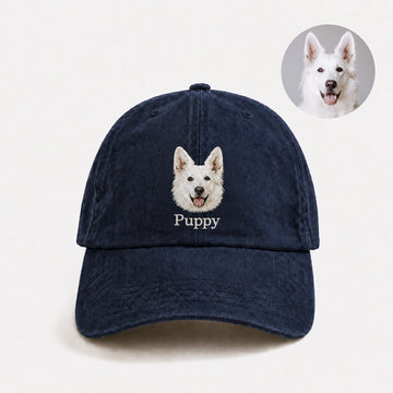 Product image of a custom pet portrait embroidered cap with your dog or cat's face and name.