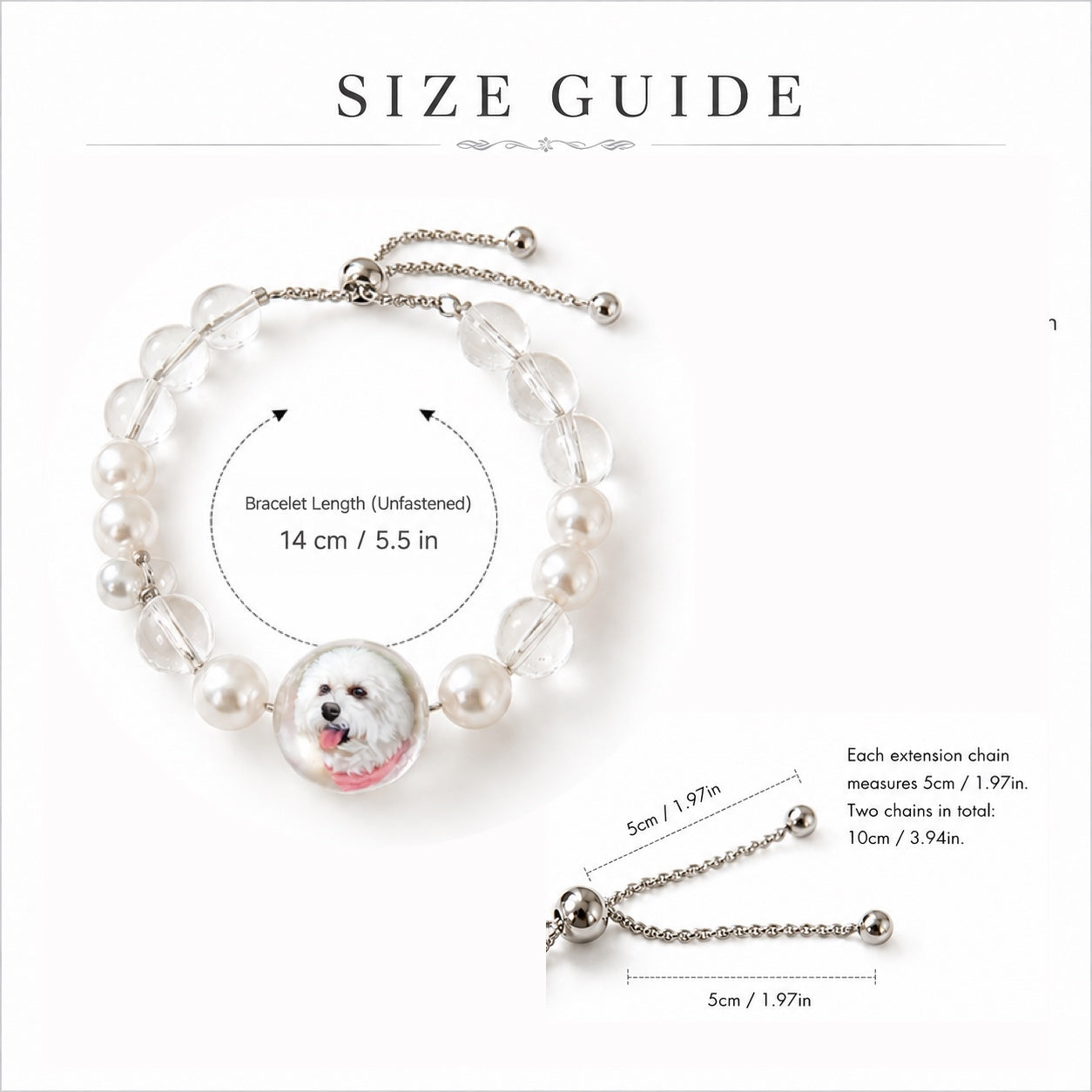 Custom pet face bracelet size guide showing bracelet length, extension chain, and charm dimensions.