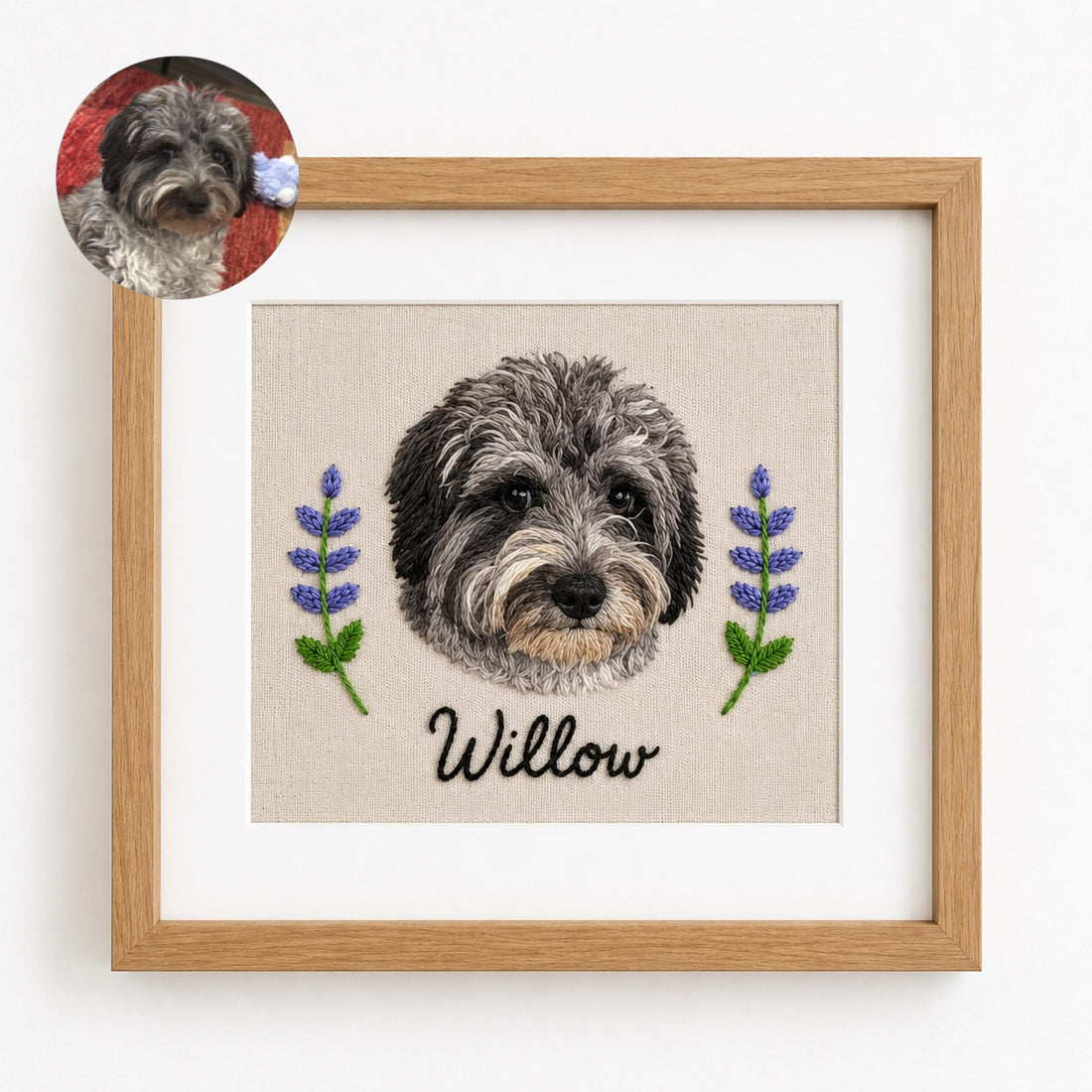 Product image of a square custom pet embroidery frame with a personalized pet portrait and name.