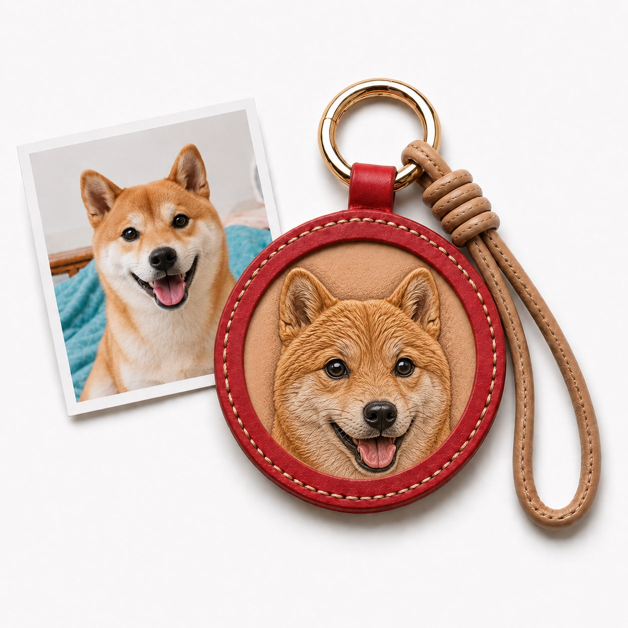 Product image of an embossed leather pet keychain with a custom dog or cat portrait.