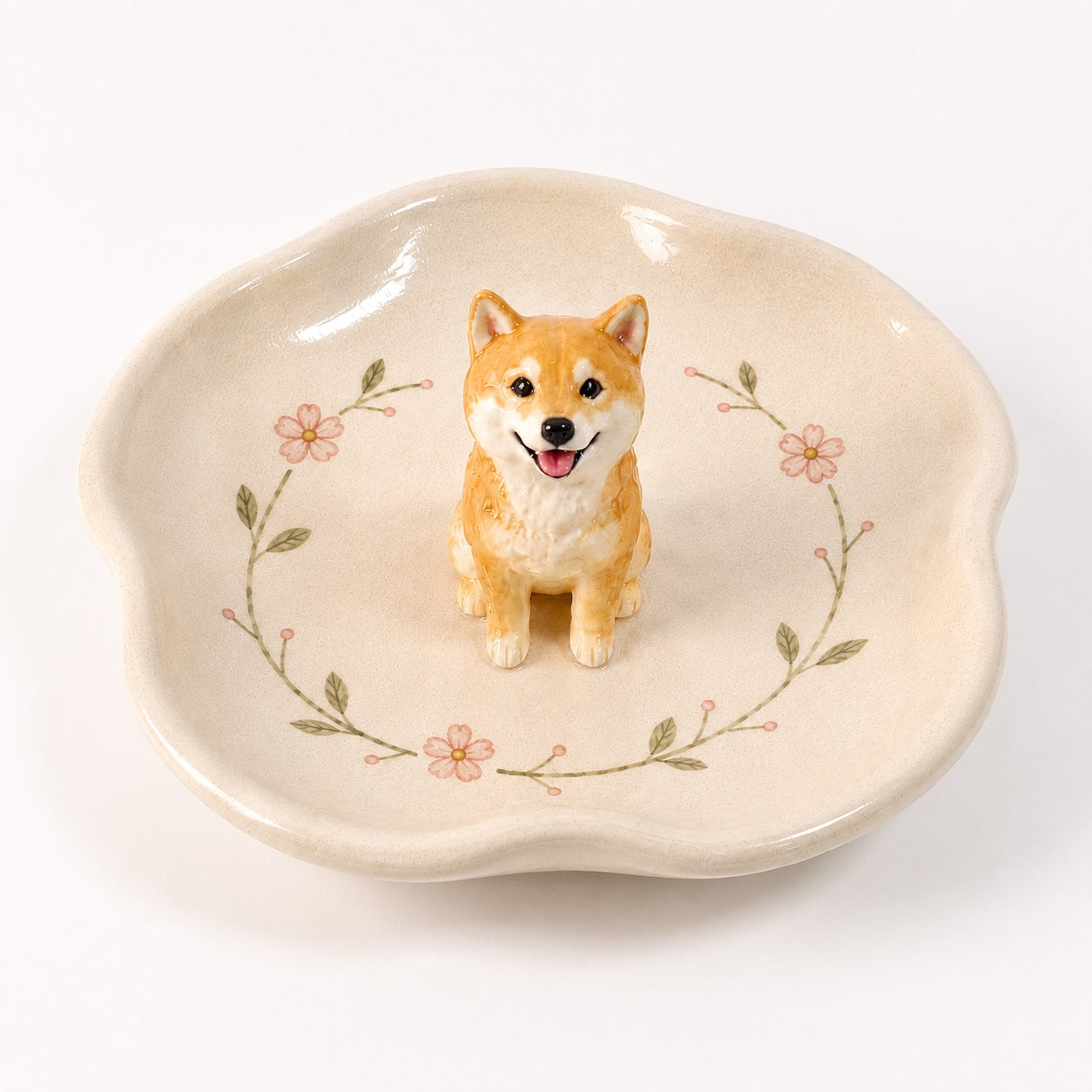 Product image of a custom pet figurine ring dish with a 3D dog or cat statue.