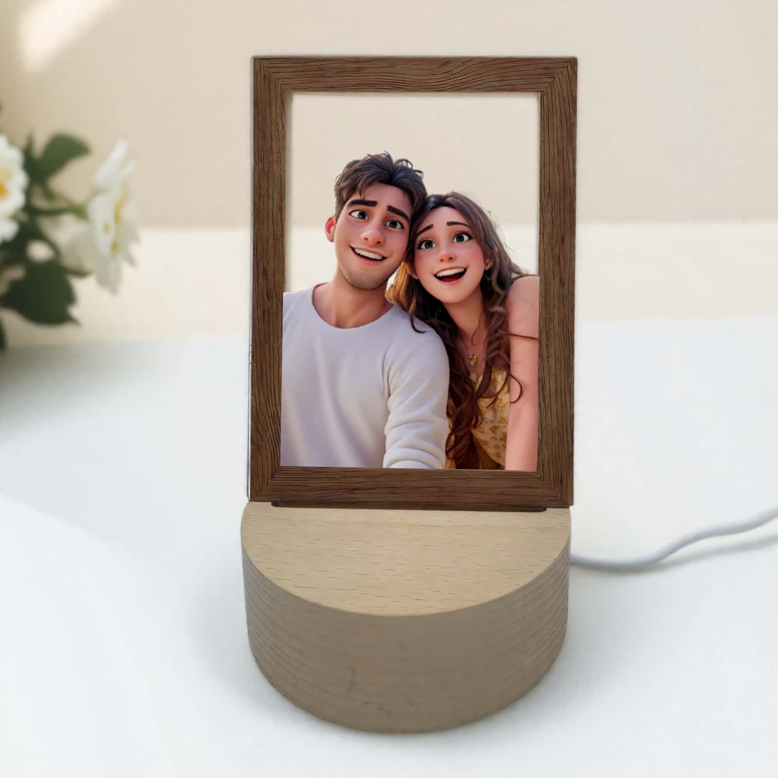 Product image of a personalized pet photo lamp with a custom acrylic LED frame.