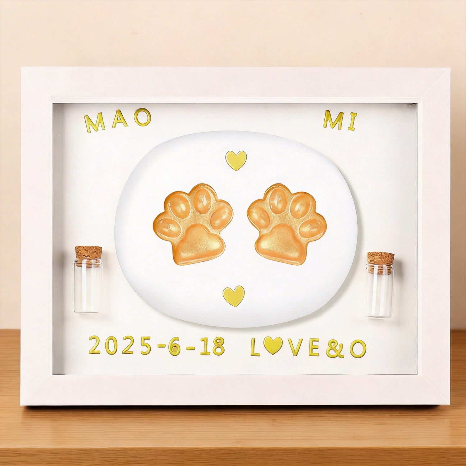 Product image of a personalized pet paw print frame for a dog's or cat's remembrance display.